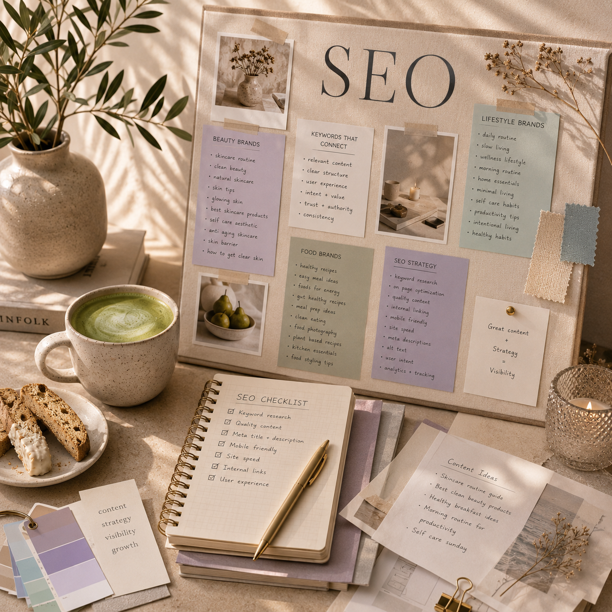 SEO strategy moodboard with notebook and coffee