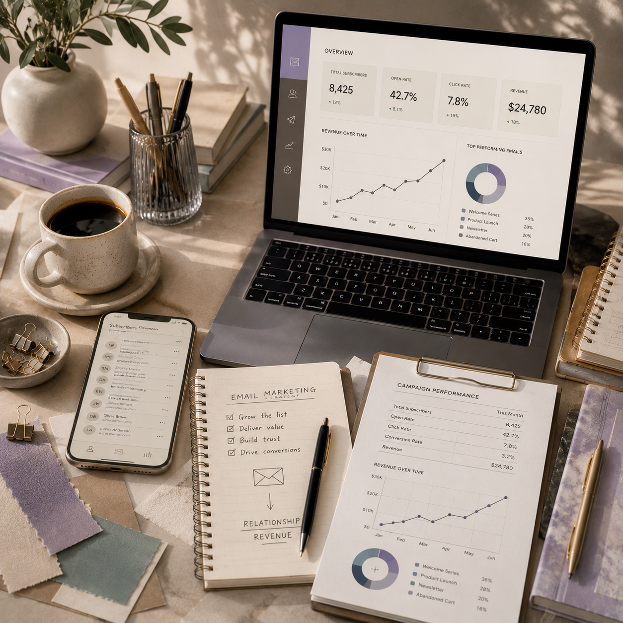 Email marketing workspace with laptop, notebook and coffee